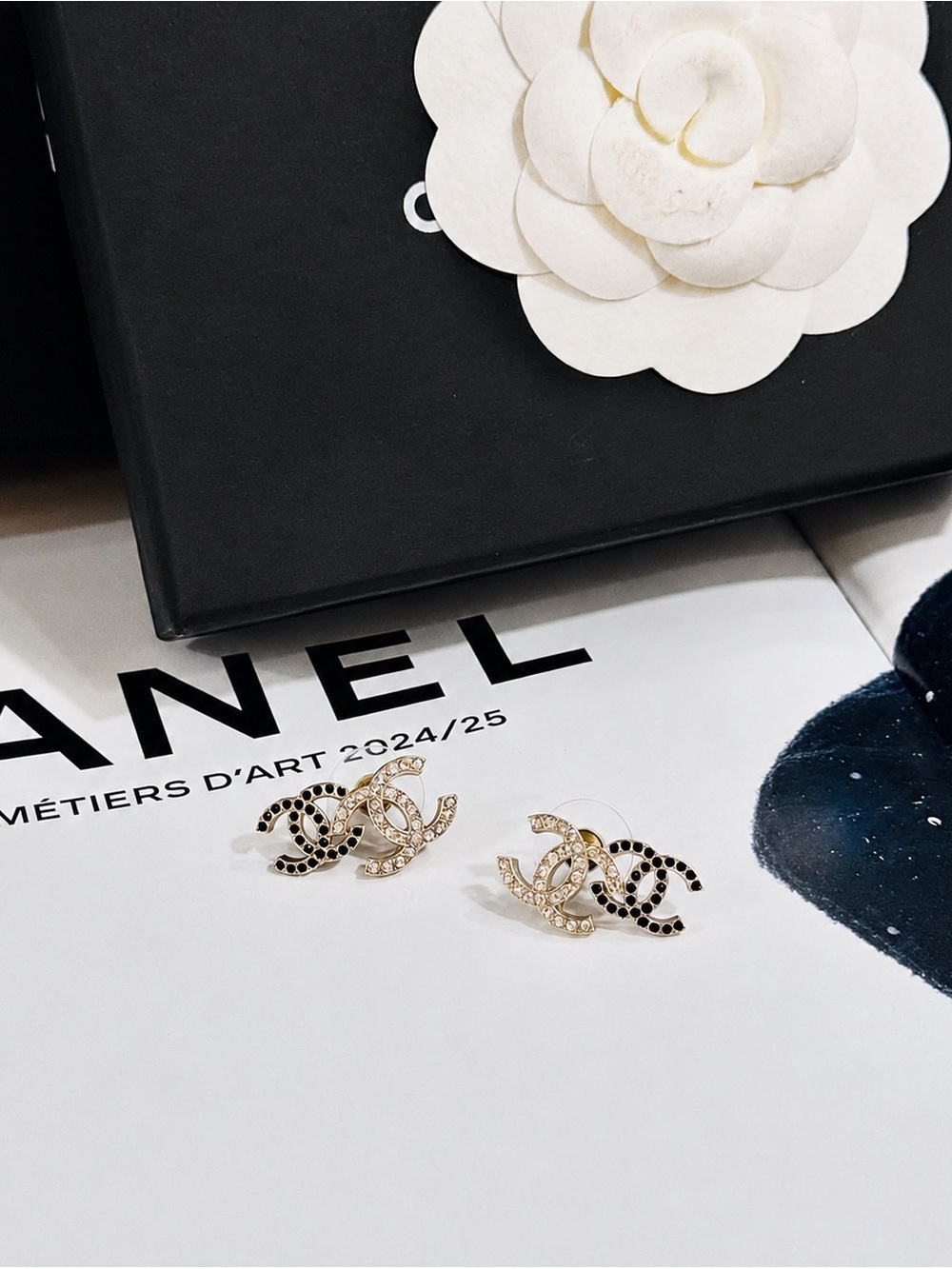 CHANEL Gold Double C Crystal Stud Earrings with Black Accents